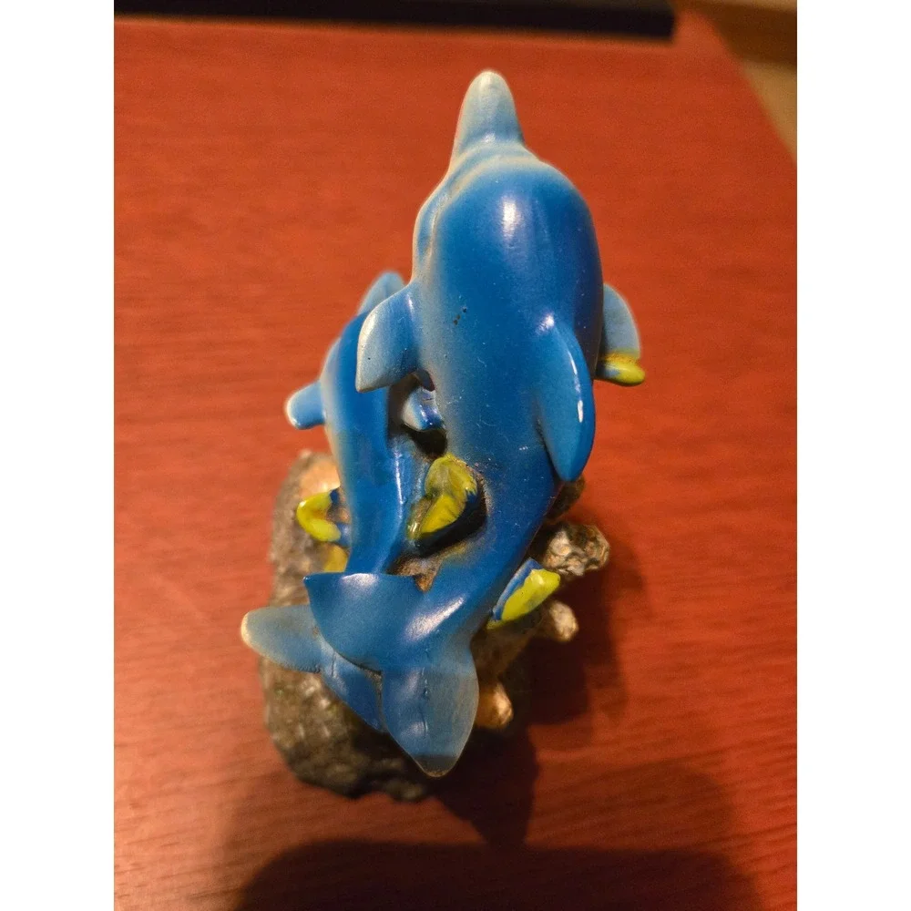 Vintage Blue Dolphin Pair Figurine Coral Reef Ocean Decor Resin Statue 5 Inch